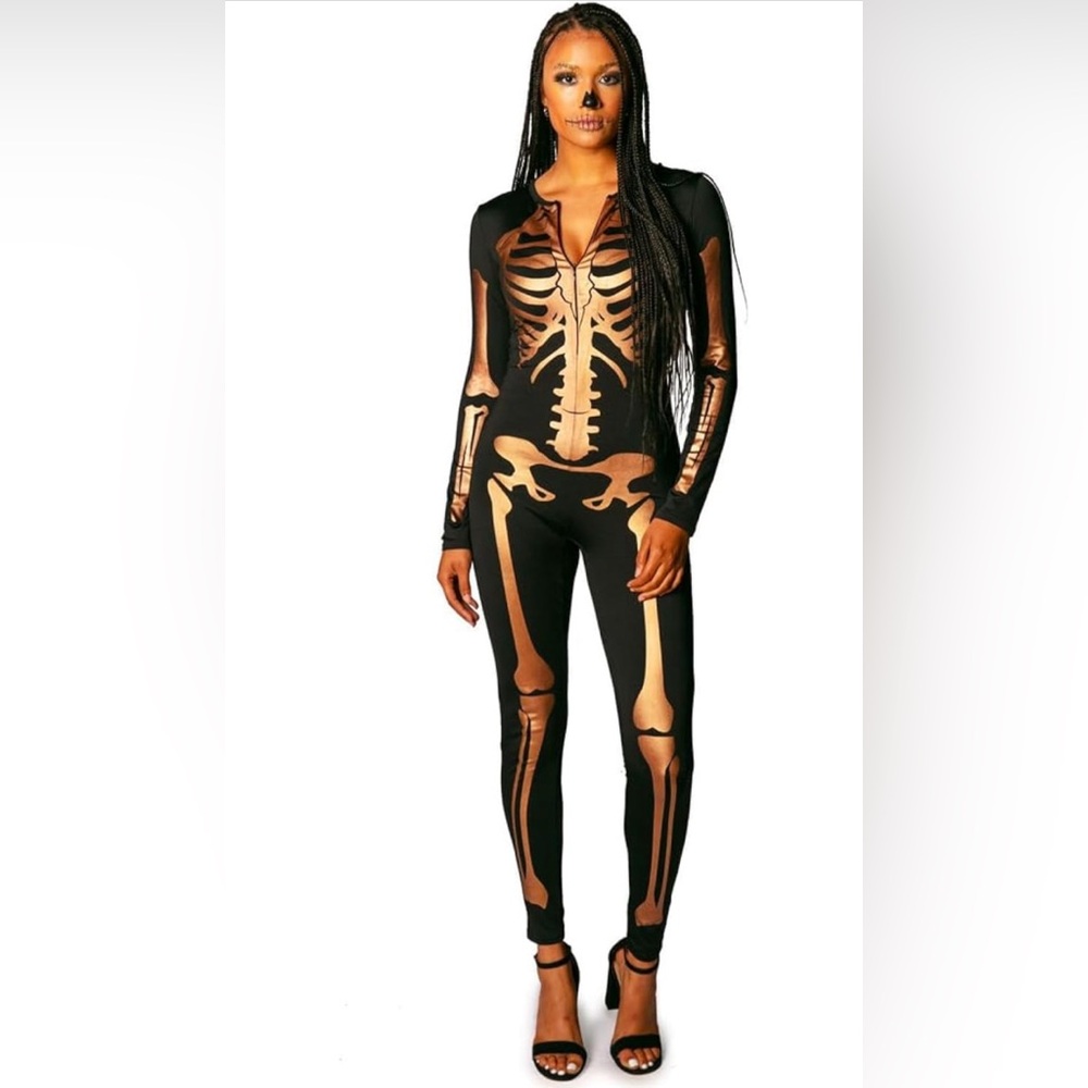 Tipsy Elves Form Fitting Skeleton Bodysuit Costume Black with Gold Women…